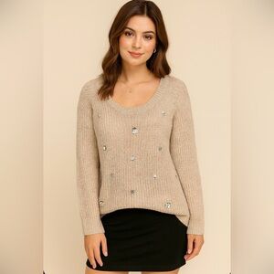 Lauren Conrad Sequin Flower Bell Sleeve Tan Sweater w/ Ribbon Bow at Neck Size M